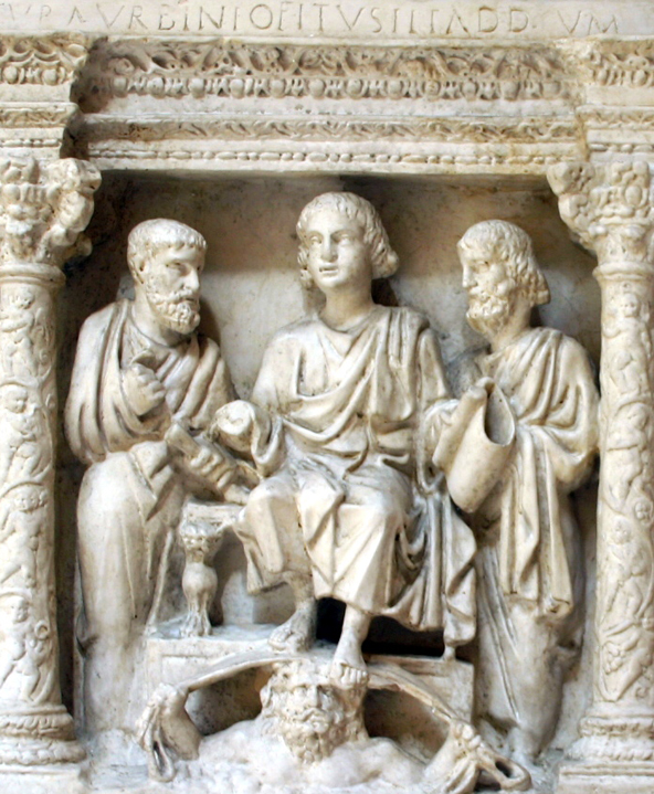 Phần chính của thạch mộ Junius Bassus được tìm thấy phía dưới tòa giải tội của đền thờ thánh Phêrô tại Rôma, đề năm 359