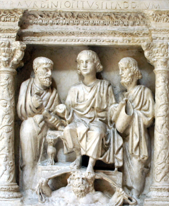 Phần chính của thạch mộ Junius Bassus được tìm thấy phía dưới tòa giải tội của đền thờ thánh Phê-rô tại Rô-ma, đề năm 359